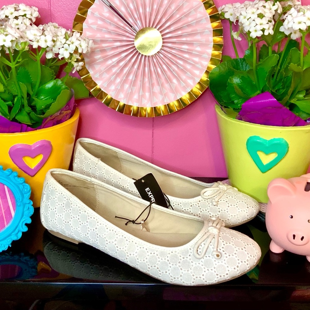 Express White Ballet Flats Gold Glitter Print Bows